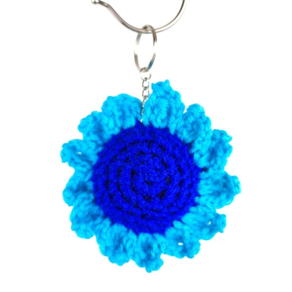 New Crochet Blue Light Blue Stuffed Flower Keychain Handmade Handcrafted